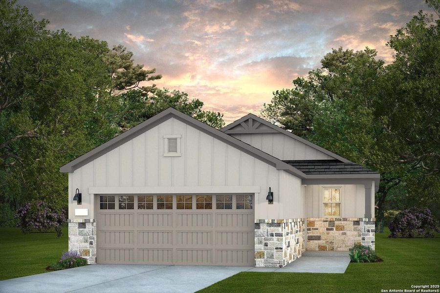 Front exterior of a new home in Del Webb New Braunfels at Veramendi, New Braunfels, TX, highlighting curb appeal (Image 1).