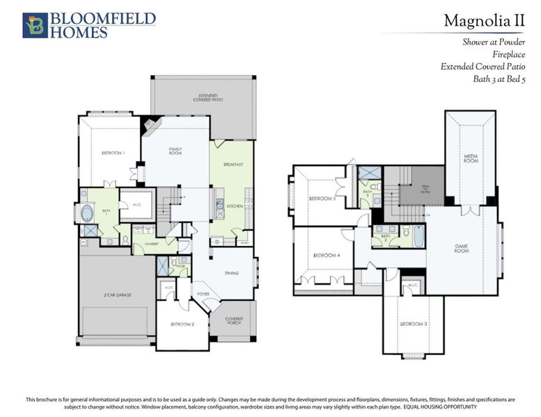 Bloomfield Homes Magnolia II two-story floor plan with five bedrooms, game room, media room, and two-car garage. Bloomfield Homes Magnolia II two-story floor plan with five bedrooms, game room, media room, and two-car garage.