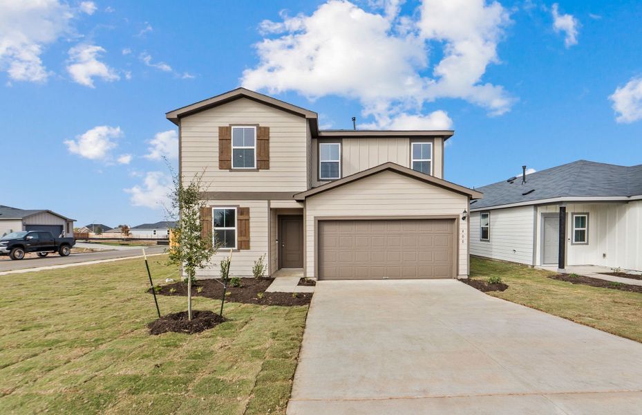 Front exterior of a new home in Larson Crossing, Elgin, TX, highlighting curb appeal (Image 20).