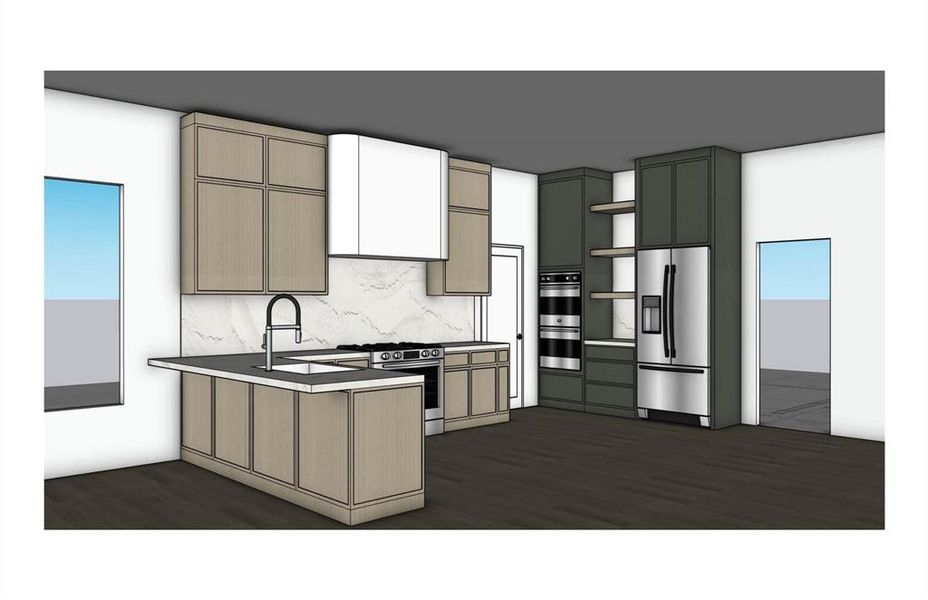 Kitchen with open shelves, stainless steel appliances, a peninsula, dark countertops, and tasteful backsplash