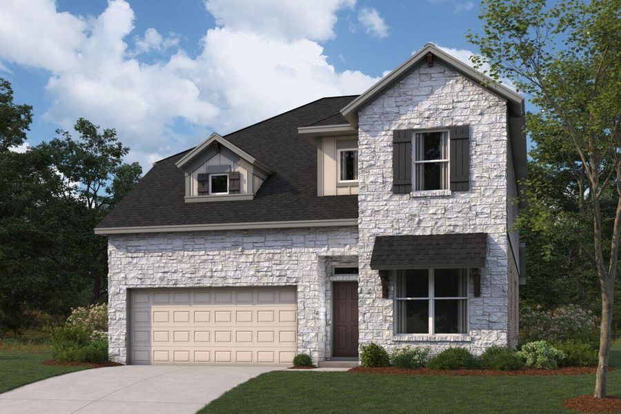 Front exterior of a new home in Cedar Brook, Leander, TX, highlighting curb appeal (Image 1). Front exterior of a new home in Cedar Brook, Leander, TX, highlighting curb appeal (Image 1).