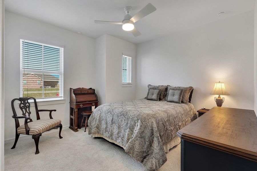 Another view of the 3rd bedroom featuring neutral walls and carpeting. Two windows provide ample natural light.