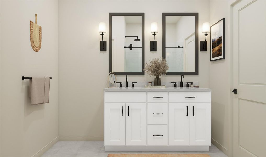 Primary bath with white vanity and dual sinks (*Artist rendering used for illustration purposes only.) Primary bath with white vanity and dual sinks (*Artist rendering used for illustration purposes only.)