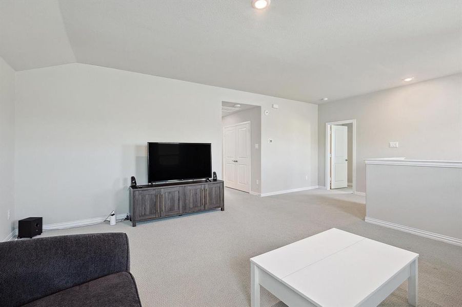 Carpeted living room featuring vaulted ceiling