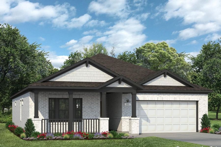 Front exterior of a new home in Hunters Crossing, Sealy, TX, highlighting curb appeal (Image 1). Front exterior of a new home in Hunters Crossing, Sealy, TX, highlighting curb appeal (Image 1).