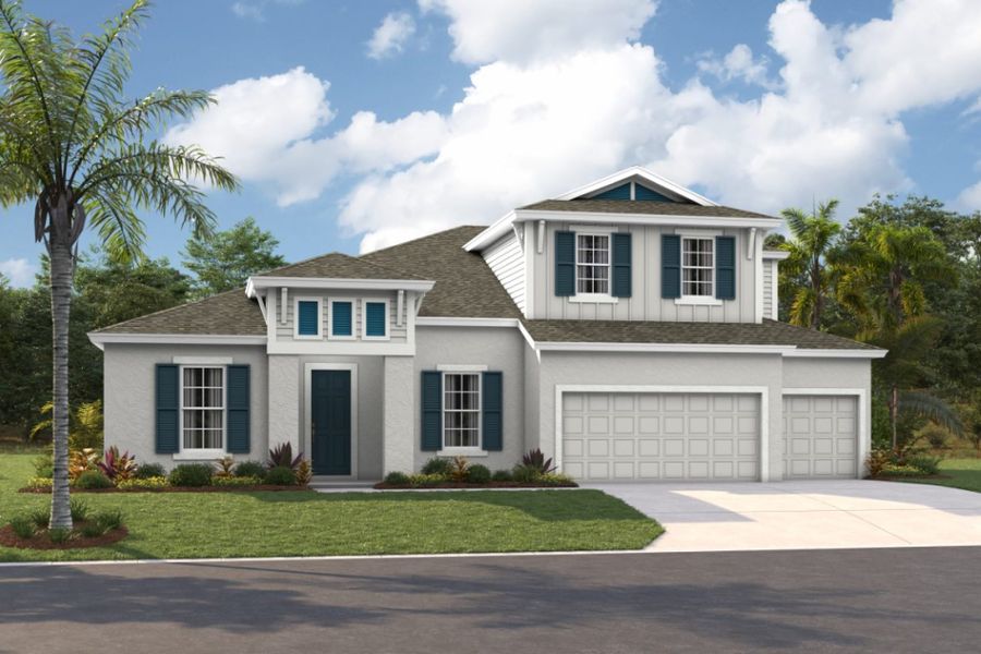 Representative exterior photo of a completed home built from the Key Largo II by Homes by WestBay in Pasadena Woods, Wesley Chapel, FL (Image 2). Representative exterior photo of a completed home built from the Key Largo II by Homes by WestBay in Pasadena Woods, Wesley Chapel, FL (Image 2).