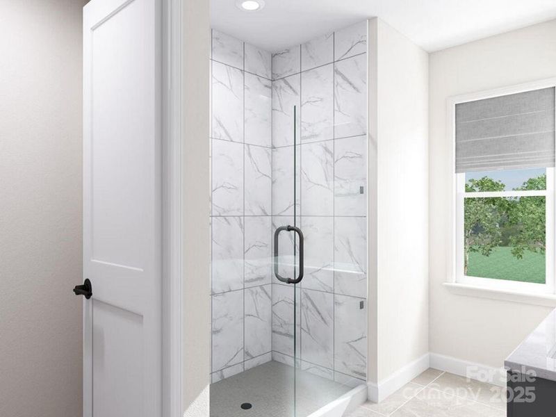 Primary Suite with Modern Walk-In Shower. *Virtual Rendering | Actual Finishes, Structural Selections, and Orientation May Vary.