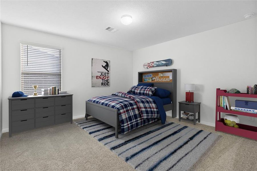 Secondary bedroom features plush carpet, neutral paint, lighting, large window with privacy blinds and ample sized closet space.