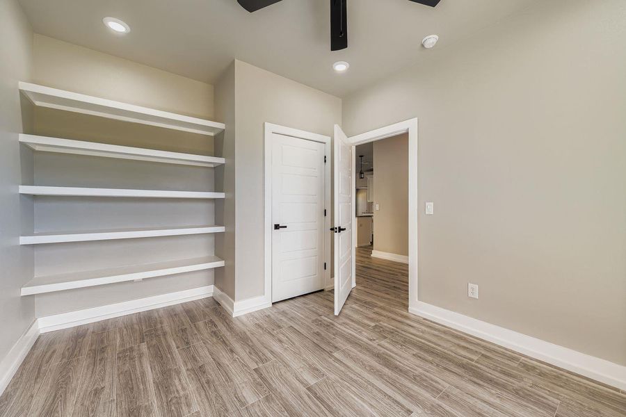 Unfurnished bedroom featuring light wood-type flooring, recessed lighting, and ceiling fan