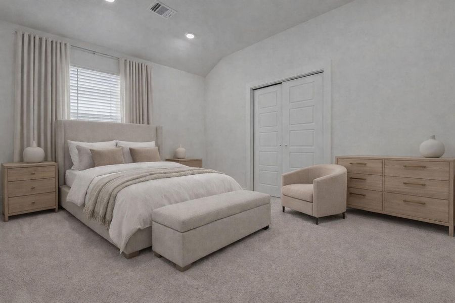 This secondary bedroom offers a clean, neutral canvas with plush carpet, recessed lighting, and a large window that welcomes natural light. Double-door closets add functionality and style, while the soft color palette makes this space ideal for guests, children, or a home office setup. This photo has been virtually staged for visual reference.