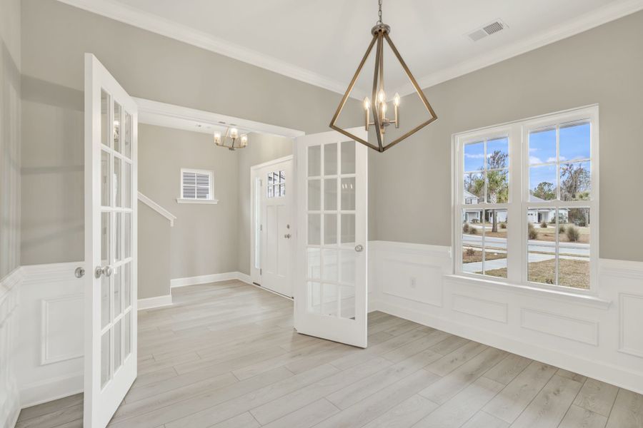 Aspen Plan Foyer and Dining Room with French Doors