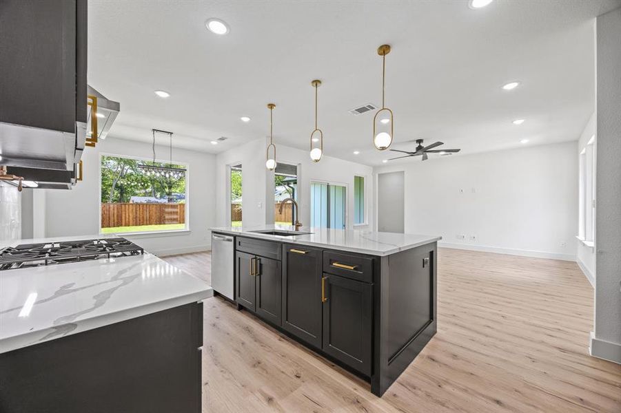 Kitchen with recessed lighting, a sink, ceiling fan, light wood-style floors, and stainless steel dishwasher Kitchen with recessed lighting, a sink, ceiling fan, light wood-style floors, and stainless steel dishwasher