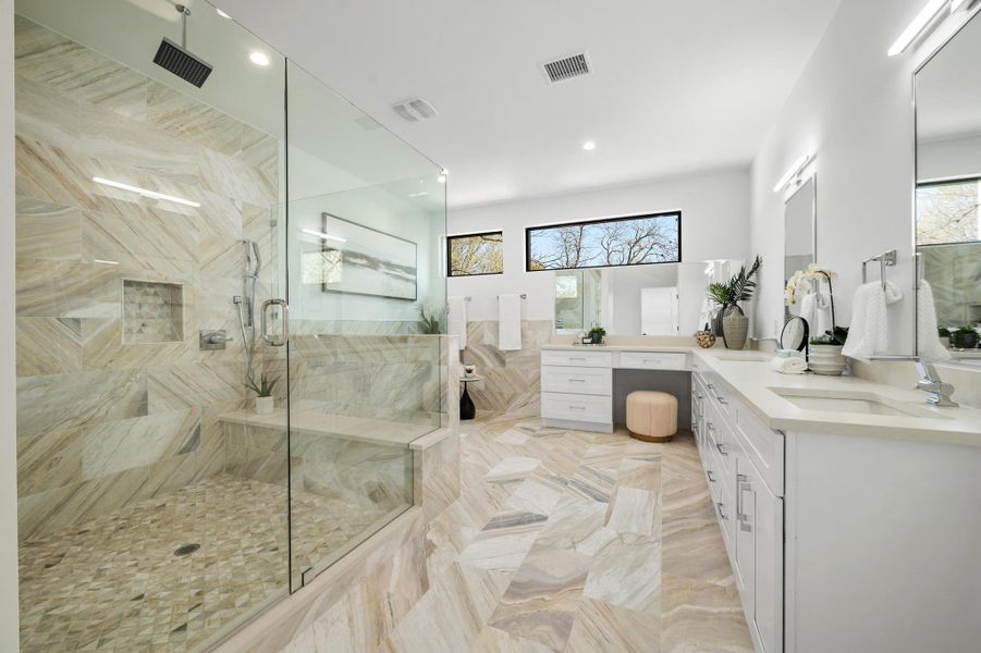 Full bath with recessed lighting, visible vents, a shower stall, and vanity