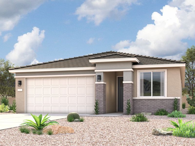 Rendering of front of new home for sale in San Tan, AZ with 2 car garage in the beautiful Skyline Village community with pool.