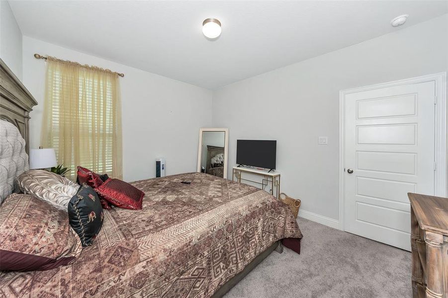 Bedroom with light carpet