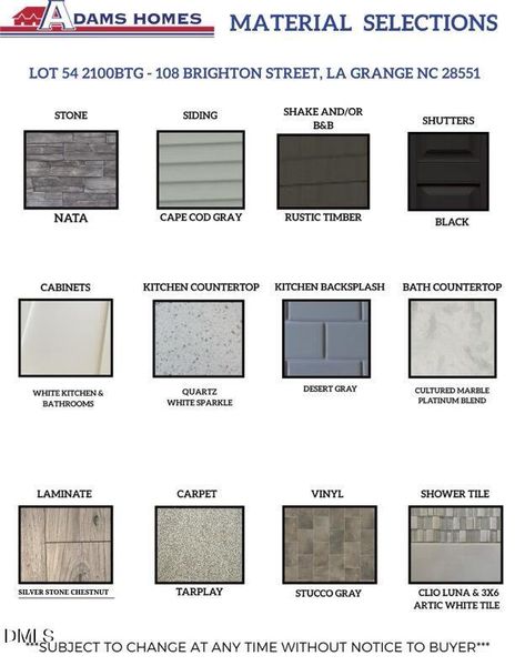 LOT 54 MATERIALS SELECTIONS COMPLETE