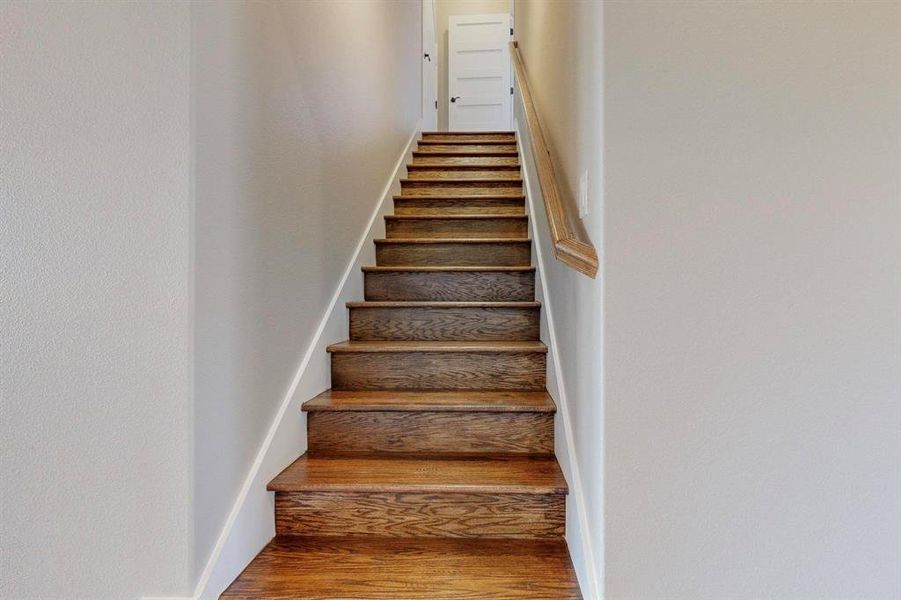 Staircase featuring hardwood / wood-style floors