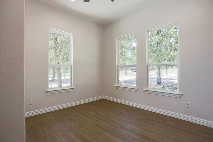 Secondary bedroom featuring ceiling fan, dark hardwood / wood-style floors, and a wealth of natural light.