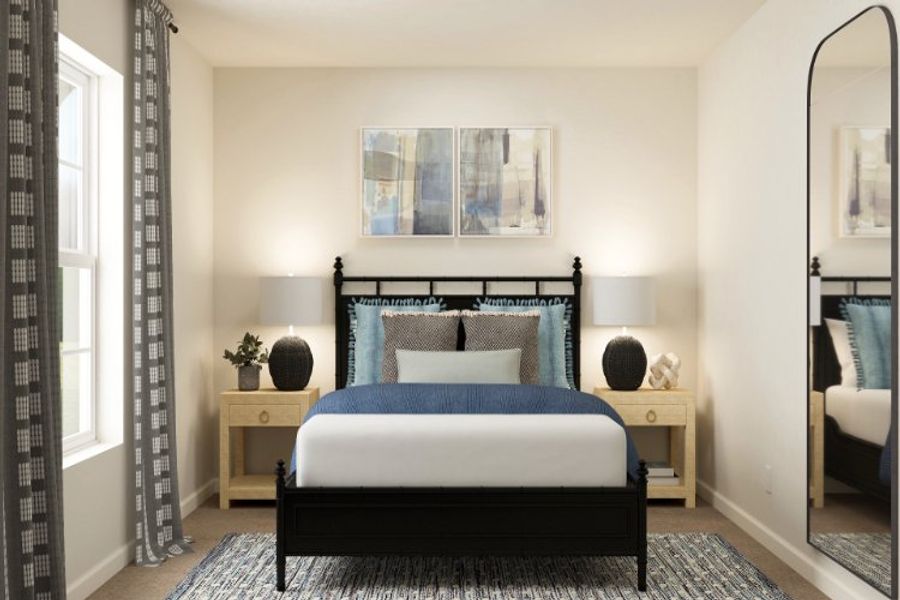 A bedroom with a bed and a mirror. A bedroom with a bed and a mirror.