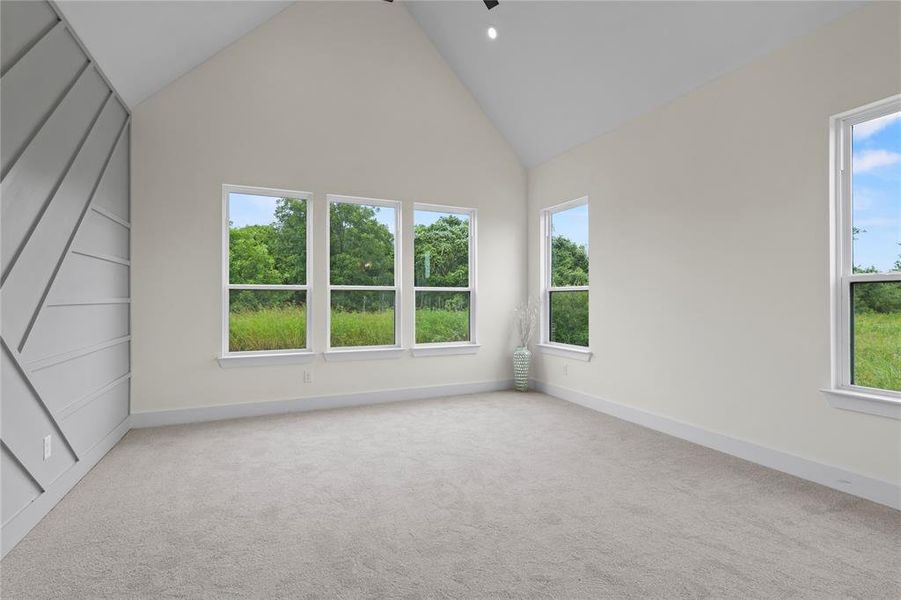 Carpeted spare room featuring high vaulted ceiling and baseboards