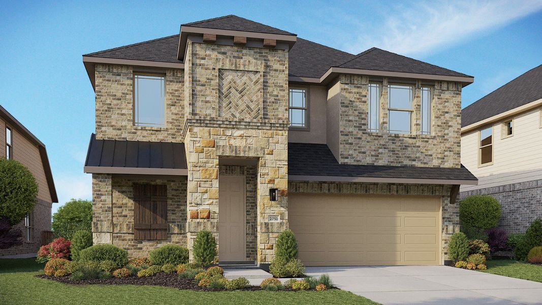 Representative exterior photo of a completed home built from the Cayman by DRB Homes in Briarwood, Elgin, TX (Image 2). Representative exterior photo of a completed home built from the Cayman by DRB Homes in Briarwood, Elgin, TX (Image 2).