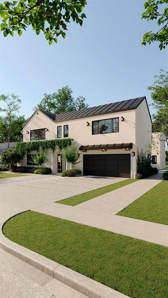 View of front of house with stucco siding, a garage, concrete driveway, a standing seam roof, and a front yard View of front of house with stucco siding, a garage, concrete driveway, a standing seam roof, and a front yard