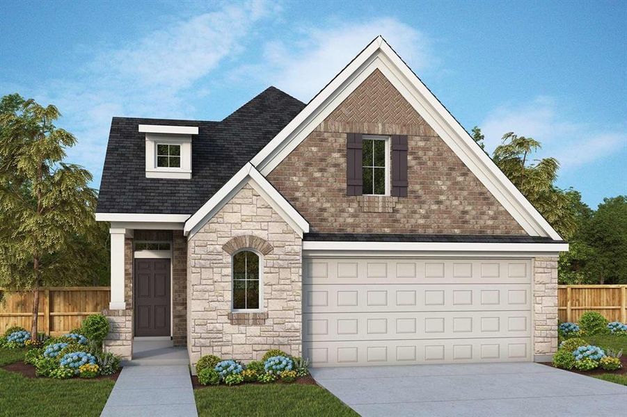 This property features a combination of brick and stone facade, a dark shingle roof, and a prominent front-facing garage This property features a combination of brick and stone facade, a dark shingle roof, and a prominent front-facing garage