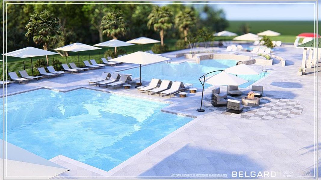 Community pool with a patio and a fire pit