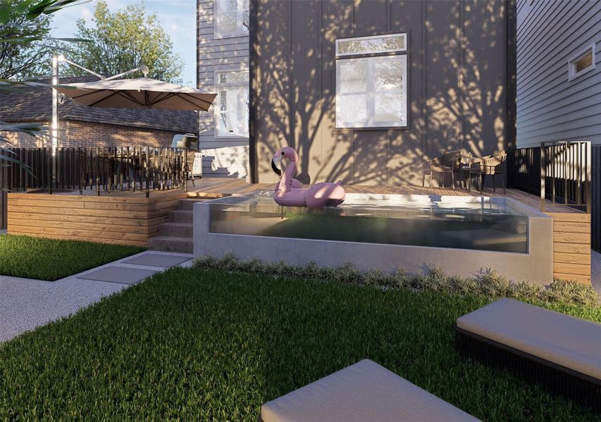 With its integrated dining deck, built-in grill, and sleek cantilever umbrellas, this render envisions a backyard that functions as a true outdoor living room — balancing modern architecture with natural textures.