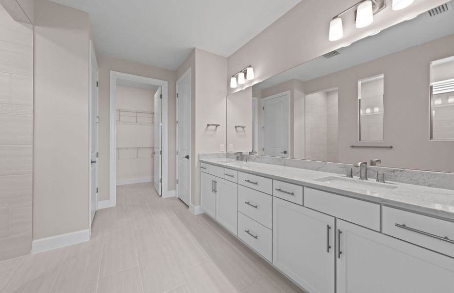Owner's bathroom with dual-sink vanity and spacious shower Owner's bathroom with dual-sink vanity and spacious shower