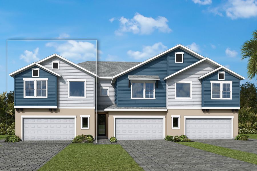 Front exterior of a new home in North River Ranch – Townhomes, Parrish, FL, highlighting curb appeal (Image 2). Front exterior of a new home in North River Ranch – Townhomes, Parrish, FL, highlighting curb appeal (Image 2).
