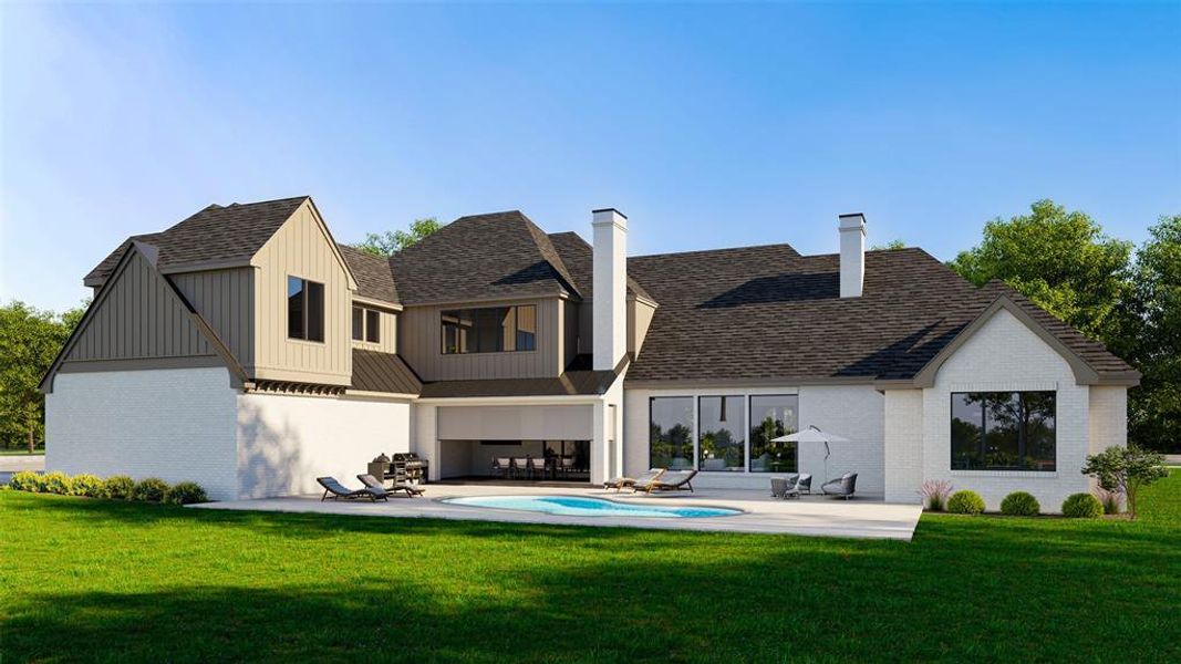 Rear exterior featuring a pristine lawn, white brick facade, dark shingle roof, integrated swimming pool, and a covered patio with direct access to the interior