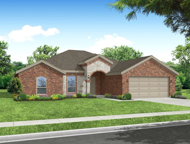 Representative exterior photo of a completed home built from the Cromwell II by Impression Homes in Mountain Valley Lake, Burleson, TX (Image 11). Representative exterior photo of a completed home built from the Cromwell II by Impression Homes in Mountain Valley Lake, Burleson, TX (Image 11).