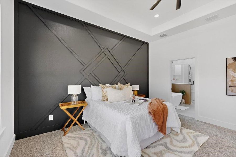 Bedroom with carpet flooring, recessed lighting, and ceiling fan