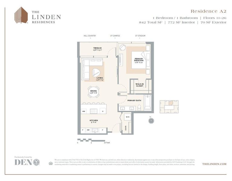 A2 Floor Plan featuring 1 bedroom & 1 bathroom. The spacious layout includes an open living and dining area, complemented by a modern kitchen with high-end appliances and an island for additional seating. This unit offers breathtaking views of downtown Austin, the Hill Country, and the UT Campus. Residents will also enjoy access to a full level of elevated amenities.