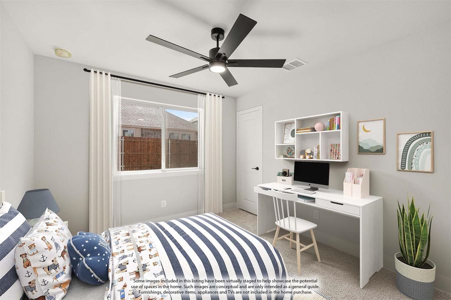 Bedroom with ceiling fan, white desk with wall shelving, and carpeted floor Bedroom with ceiling fan, white desk with wall shelving, and carpeted floor