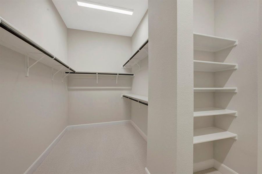 Spacious walk-in closet featuring multiple clothing rods, integrated shelving, neutral wall tones, light-toned carpet flooring, and ceiling-mounted lighting