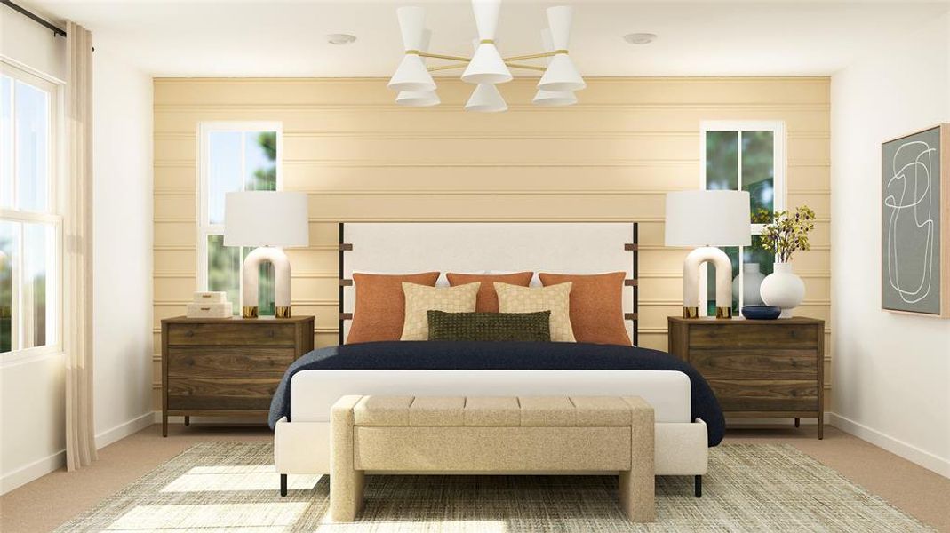 Carpeted bedroom with baseboards