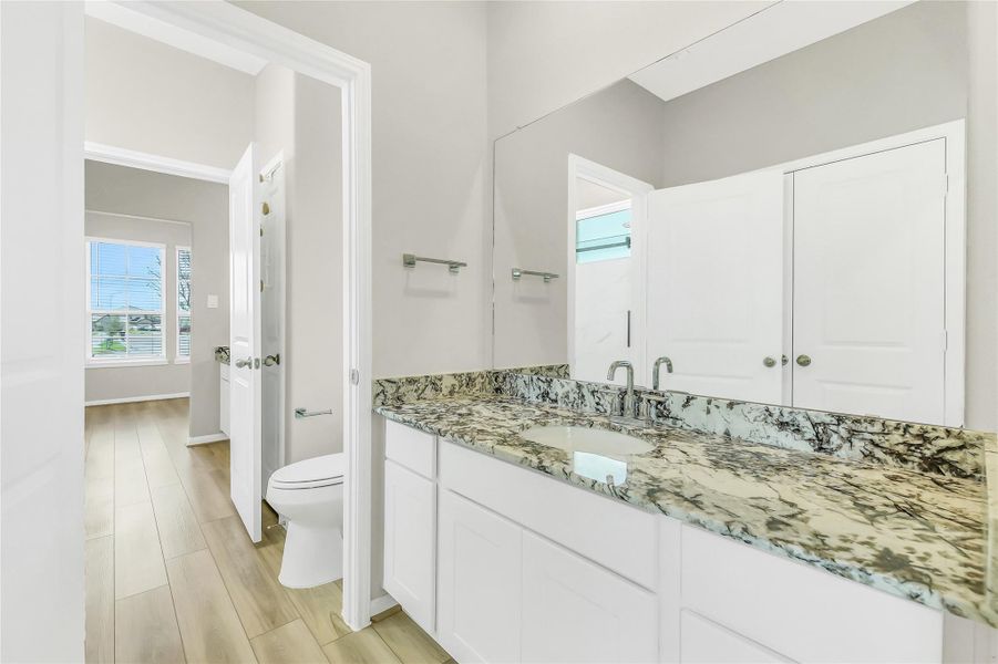 A well-appointed Jack & Jill bathroom featuring a generous vanity with stone counters on each side and a clean, contemporary aesthetic.
