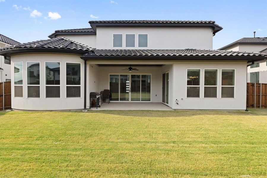 Back of house featuring a ceiling fan, a patio, stucco siding, and a tile roof
