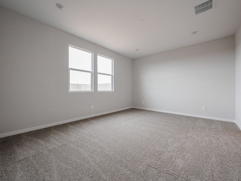 A room with a carpet and windows.