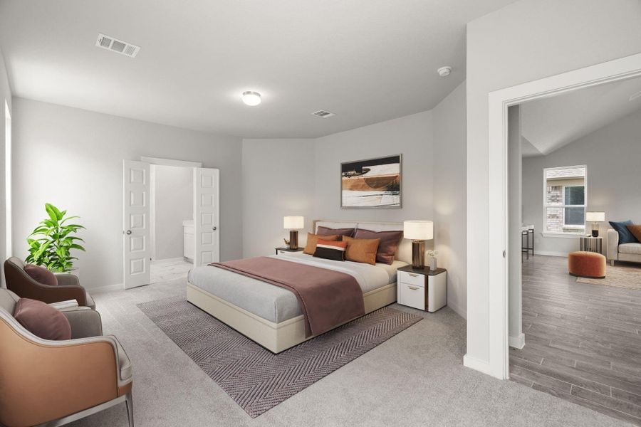 Escape and relax in the exquisite primary suite, a haven to unwind after a long day. The spacious room, located on first floor, boasts plush carpeting, soothing paint tones, high ceilings, and expansive windows adorned with privacy blinds. Sample photo of completed home with similar floor plan. As-built interior colors and selections may vary. Escape and relax in the exquisite primary suite, a haven to unwind after a long day. The spacious room, located on first floor, boasts plush carpeting, soothing paint tones, high ceilings, and expansive windows adorned with privacy blinds. Sample photo of completed home with similar floor plan. As-built interior colors and selections may vary.