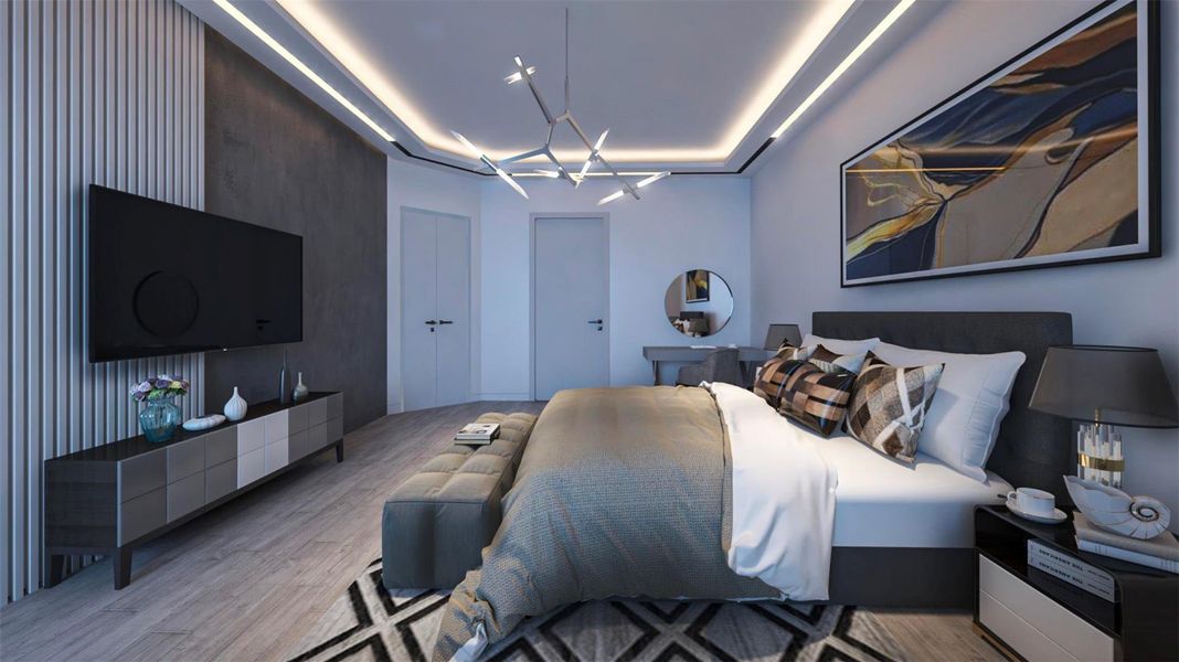 This modern bedroom features sleek design elements, including a stylish bed with plush pillows, contemporary lighting, and a mounted flat-screen TV. It has a neutral color palette, wood flooring, and tasteful artwork, creating a cozy yet elegant atmosphere. Virtually staged. This modern bedroom features sleek design elements, including a stylish bed with plush pillows, contemporary lighting, and a mounted flat-screen TV. It has a neutral color palette, wood flooring, and tasteful artwork, creating a cozy yet elegant atmosphere. Virtually staged.