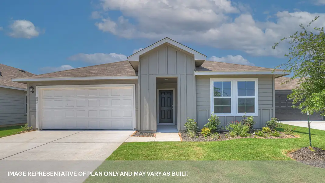Front exterior of a new home in Swenson Heights, Seguin, TX, highlighting curb appeal (Image 2). Front exterior of a new home in Swenson Heights, Seguin, TX, highlighting curb appeal (Image 2).