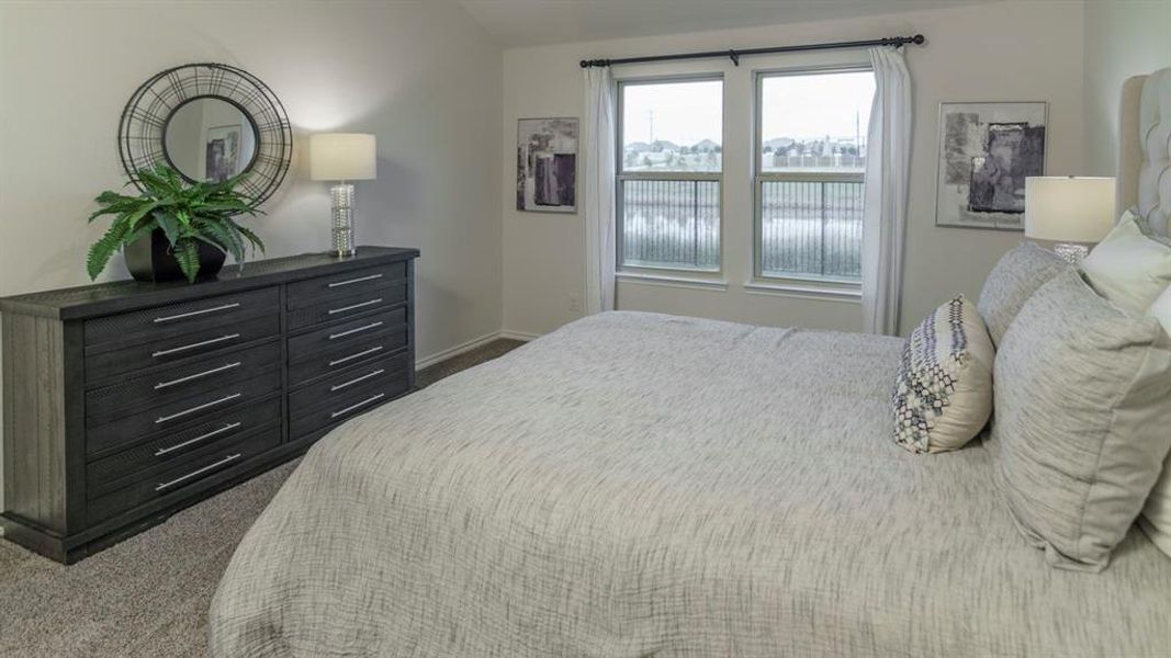 Carpeted bedroom featuring multiple windows with white curtains, a tufted headboard, and light-toned walls Carpeted bedroom featuring multiple windows with white curtains, a tufted headboard, and light-toned walls