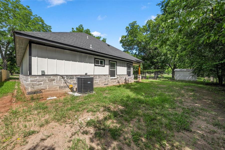 Exterior facade featuring board and batten siding, stone veneer, and a dark shingle roof Exterior facade featuring board and batten siding, stone veneer, and a dark shingle roof