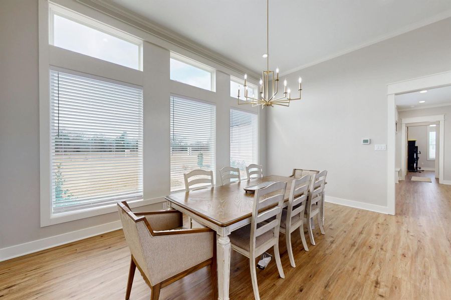 The dining area sits right next to the island in the kitchen. Lovely big windows with transoms fill the room with light. Put any sized table you want here! There's even room for a China Hutch.