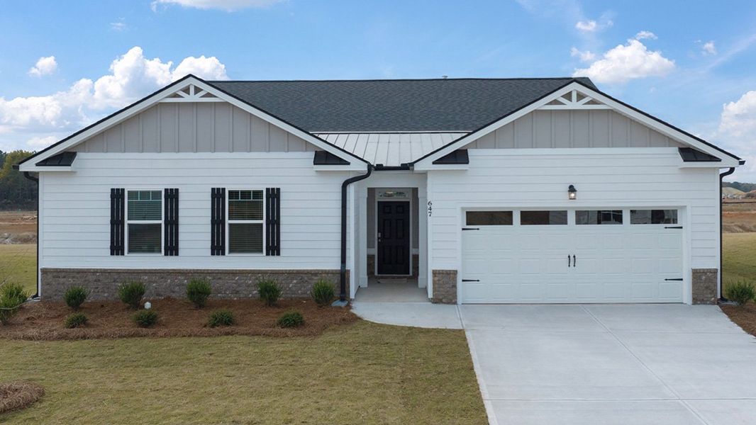 Front exterior of a new home in Kingston Ranch at Lake Oconee, Buckhead, GA, highlighting curb appeal (Image 1). Front exterior of a new home in Kingston Ranch at Lake Oconee, Buckhead, GA, highlighting curb appeal (Image 1).