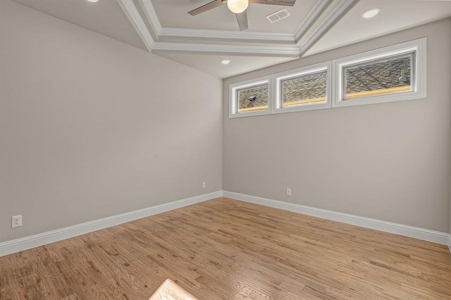 Empty room with crown molding, light hardwood / wood-style flooring, a raised ceiling, and ceiling fan