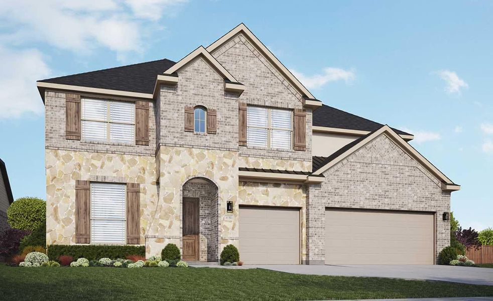 French provincial home with driveway, a garage, stone siding, a front lawn, and brick siding